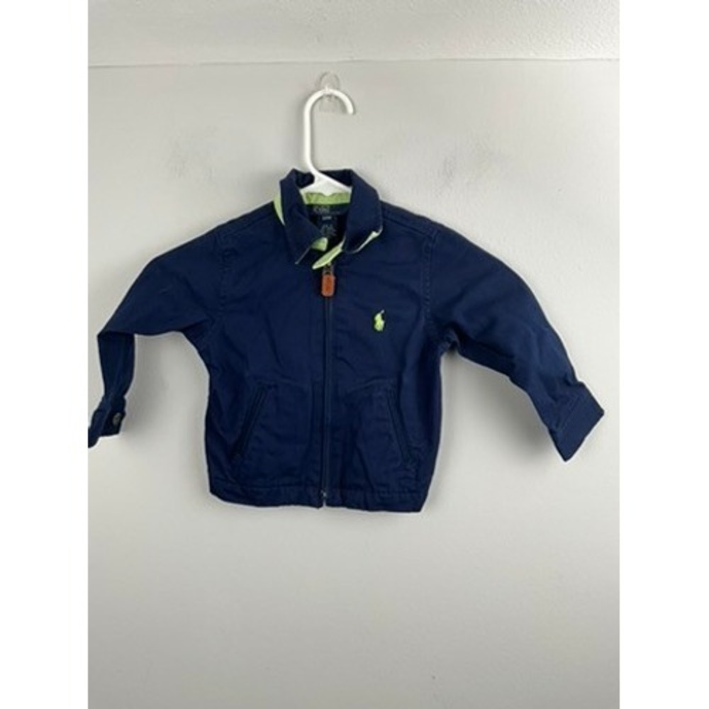 Kids Polo Ralph Lauren Navy Blue Zip Up Jacket Neon Green Collar Size 4
